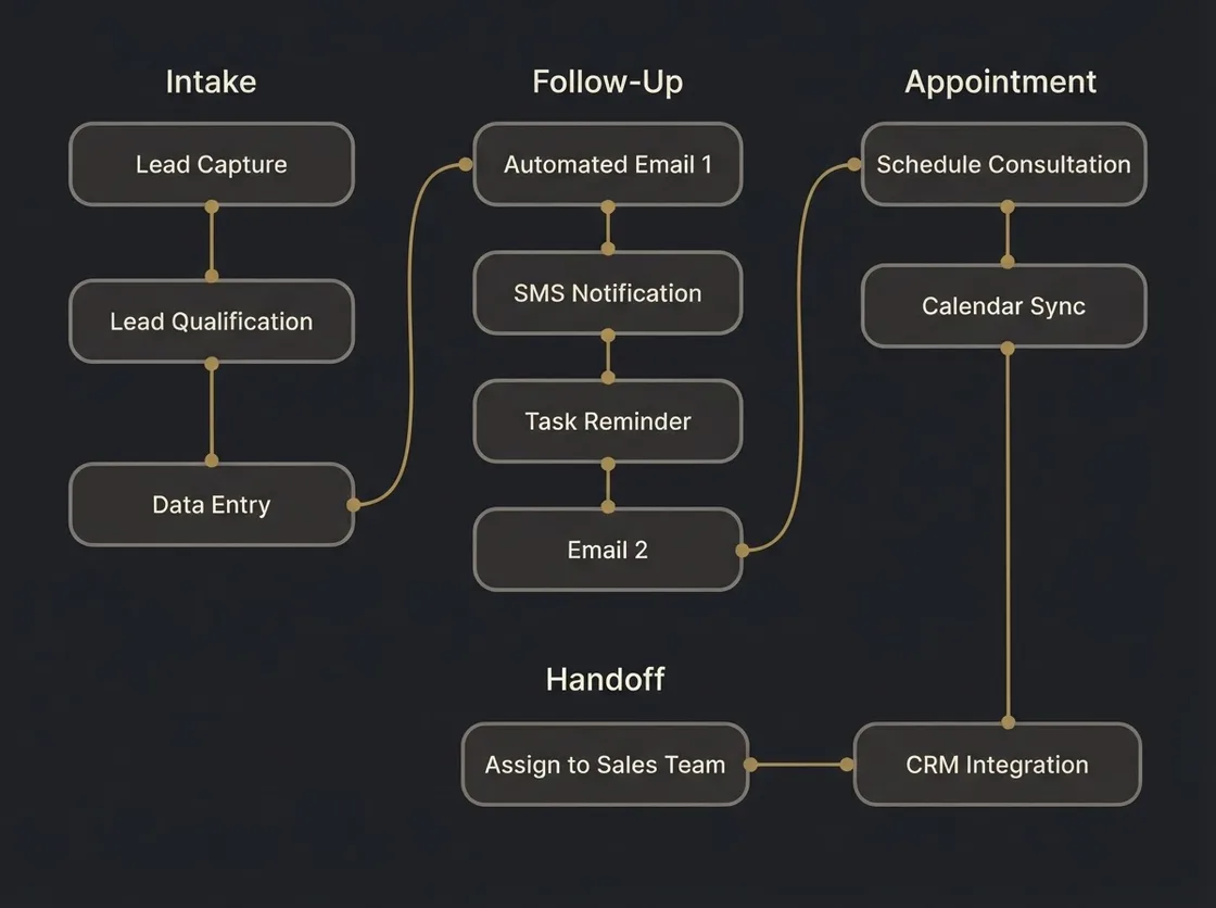 Abstract network of connected workflow nodes representing an automated lead-response system
